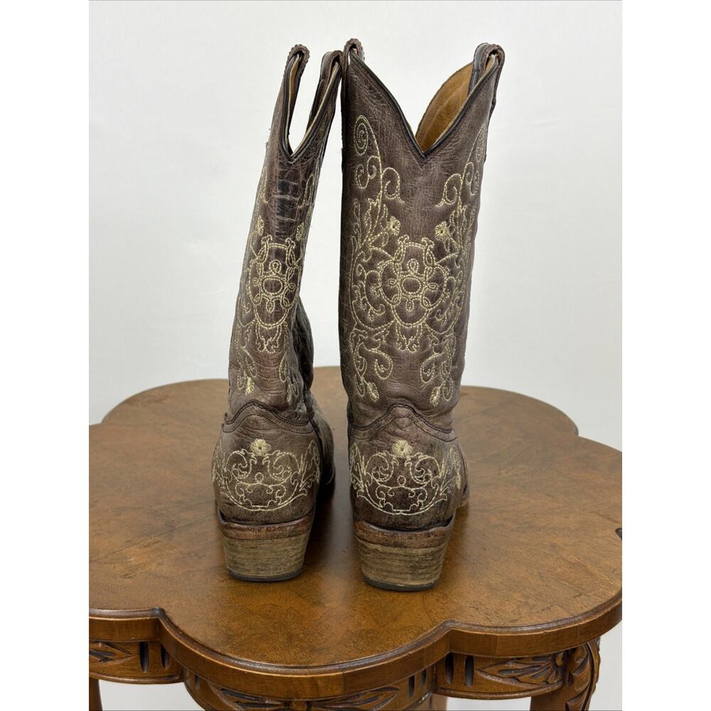 Corral Teens Brown Pebble Leather Western Boots Cream Stitching #1637 Size 5 - Picture 5 of 7